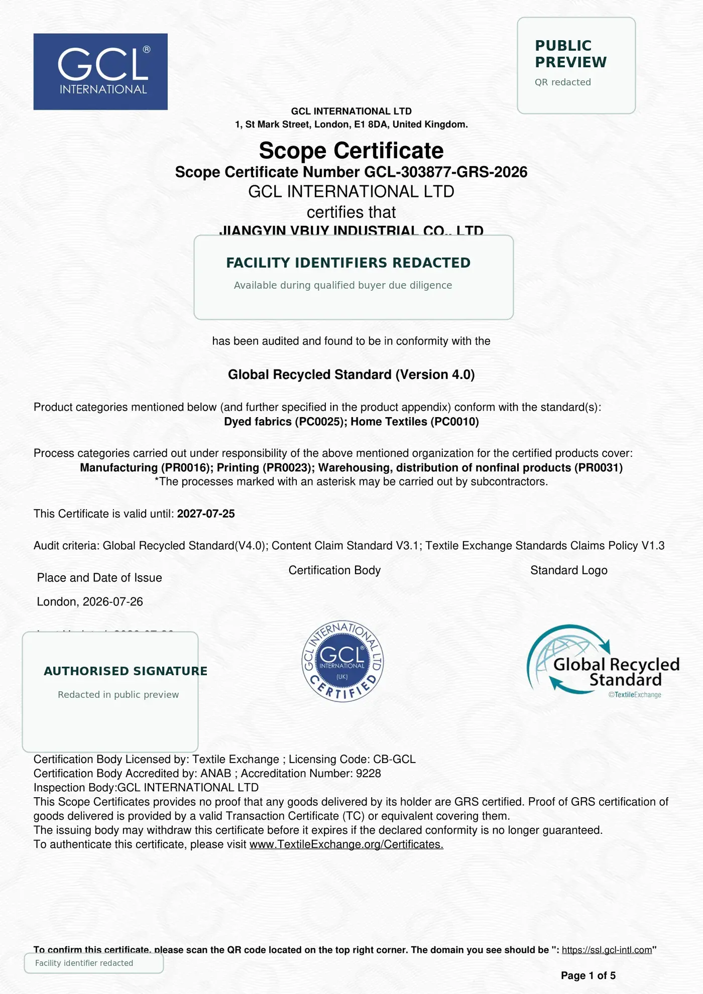 Public preview of VBUY's GRS scope certificate with facility identifiers redacted